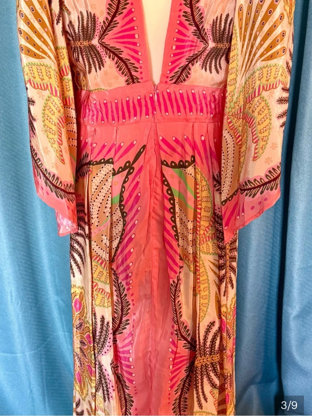 FARM Rio Palm Scarf Sand Coral Pink & Yellow Tropical Print Maxi Dress, NWT, XL - Picture 7 of 11